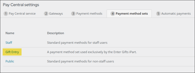 Gift Entry payment method set